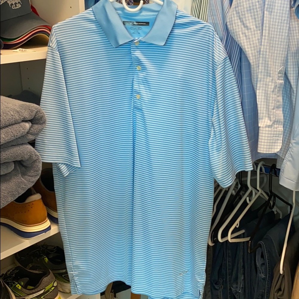 Blue striped golf polo